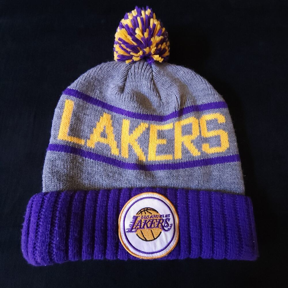 Purple Los Angeles LA Lakers Mitchell & Ness Winter Pom Pom Beanie Hat Cuffed
